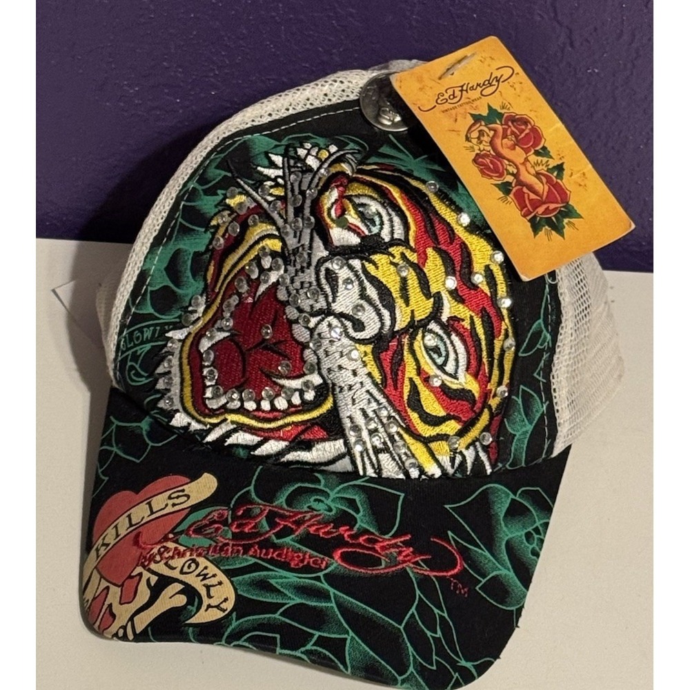 Vintage Ed Hardy Trucker Hat Tiger Rhinestone Mesh Cap New Y2K Von Dutch Rare